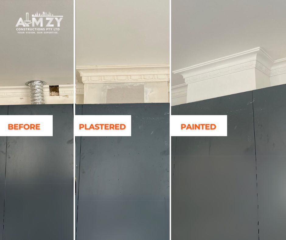 Witness the transformation from unfinished surfaces to professionally plastered and painted.